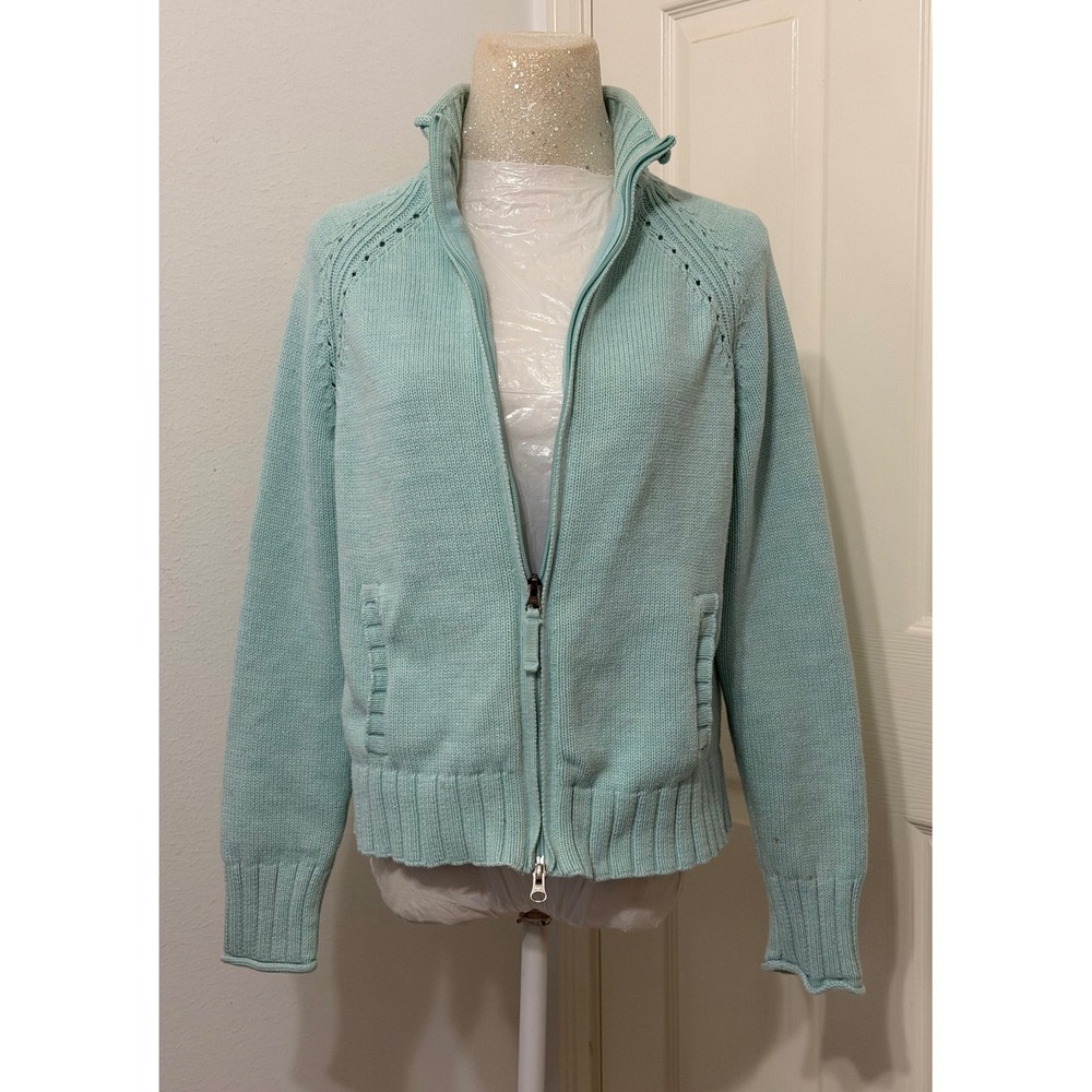 LL Bean Womens sz L Light Aqua Blue Full Zip Cotton Cardigan Sweater Mock Neck